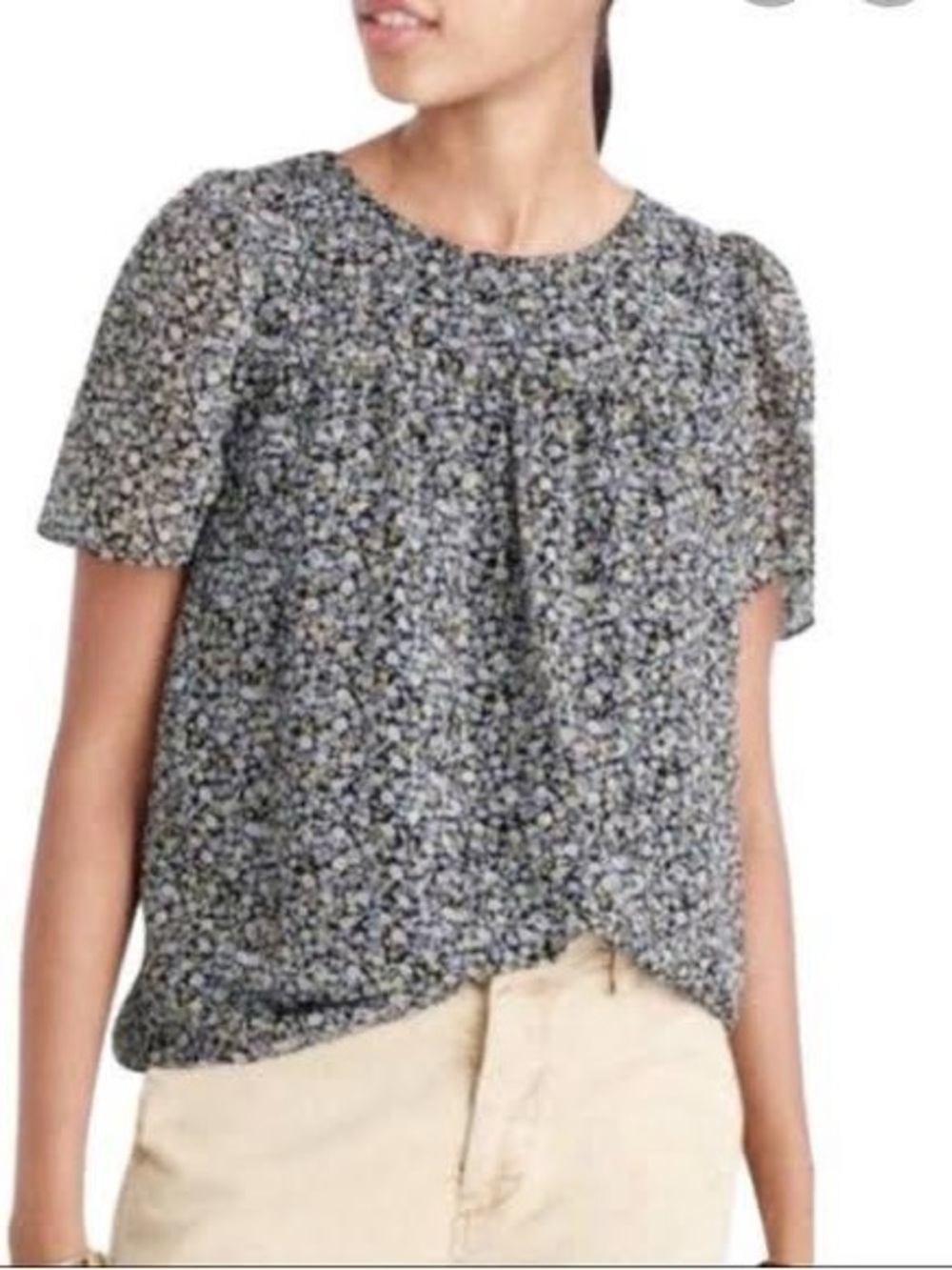 J. Crew Silk Black and White Floral Short-Sleeve Blouse